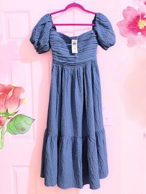 Abercrombie & Fitch Textured Puff Sleeve Blue MIDI Dress
